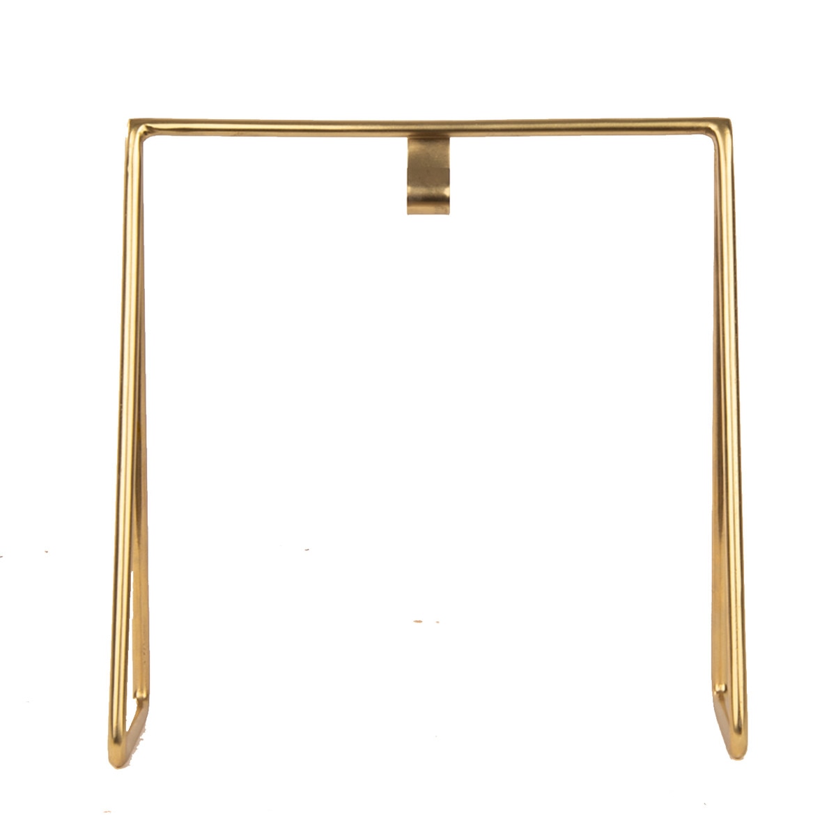 Gold Gallery Art Stand made of metal with a minimalist square frame and a central hanging hook.