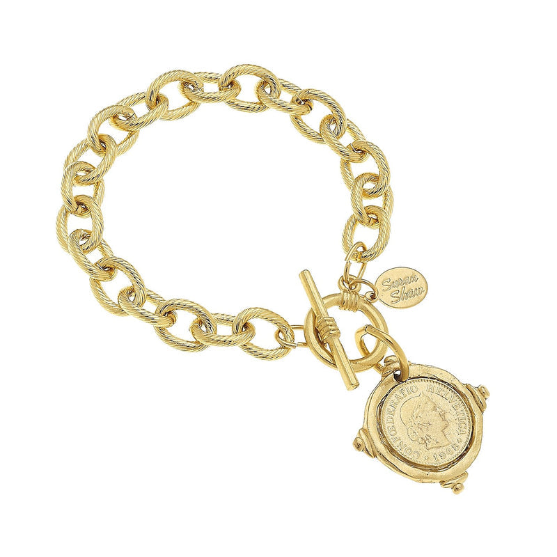 Gold Intaglio Coin Bracelet with a textured link chain, toggle clasp, and a 1948 coin charm.