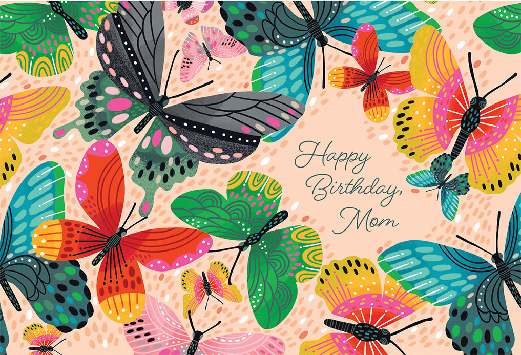 Birthday card with butterflies foil on front; inside reads 'Happy Birthday Mom' in glitter.