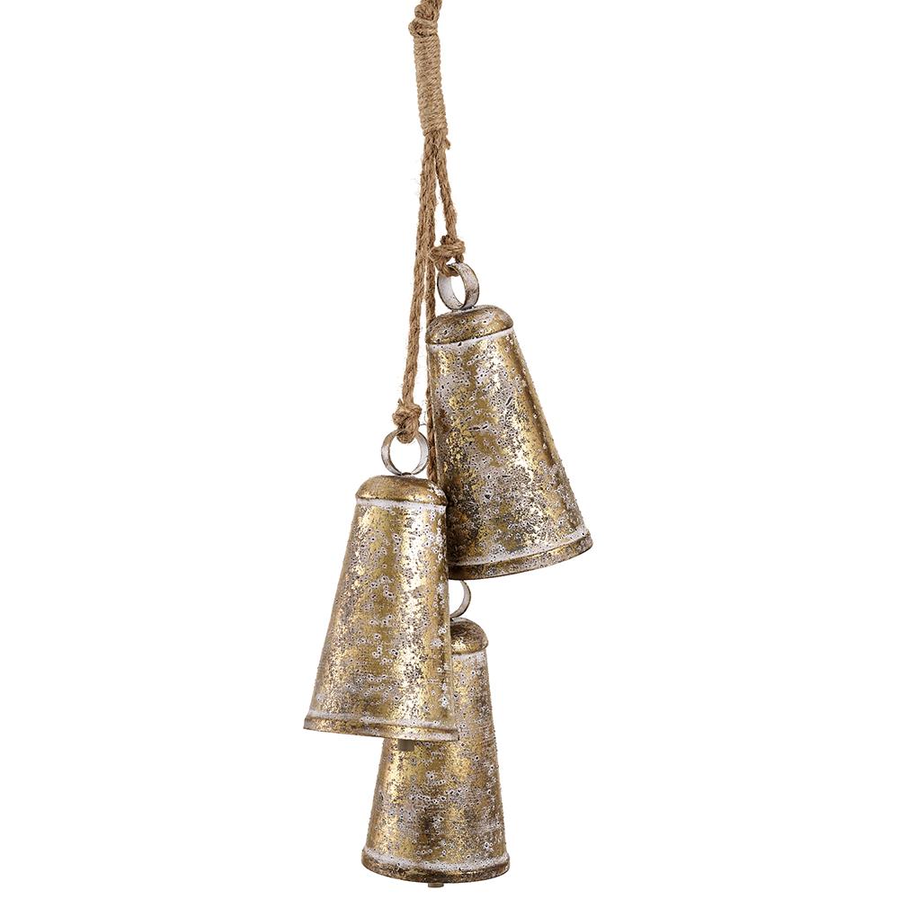 Three antique gold metal bells hanging from a rustic jute rope doorknob hanger.