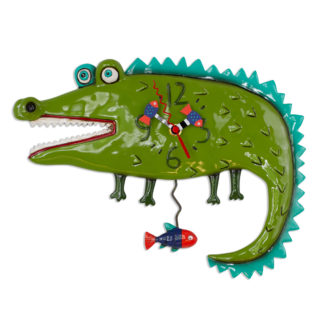 Green alligator wall clock with a swinging fish pendulum and colorful clock hands.
