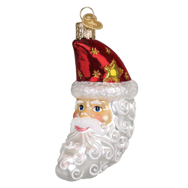 Santa Moon Face glass ornament with a red hat, gold stars, and a white glittery beard.