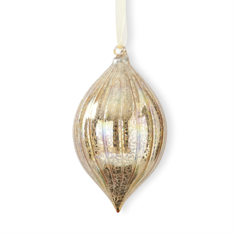 7 inch gold ribbed mercury glass teardrop ornament with a white hanging ribbon.