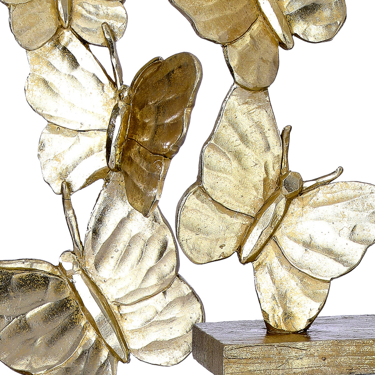 Resin butterfly figurine with colorful wings displayed on a stand.