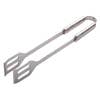 Stainless steel barbeque tongs with slotted heads and an oval-shaped handle.