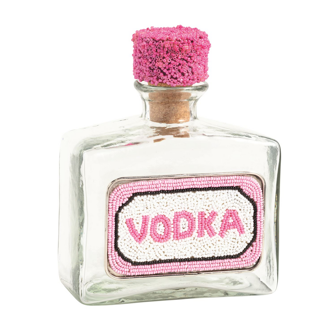 Glass beaded decanter with pink and white beaded VODKA label and matching pink beaded cork stopper.