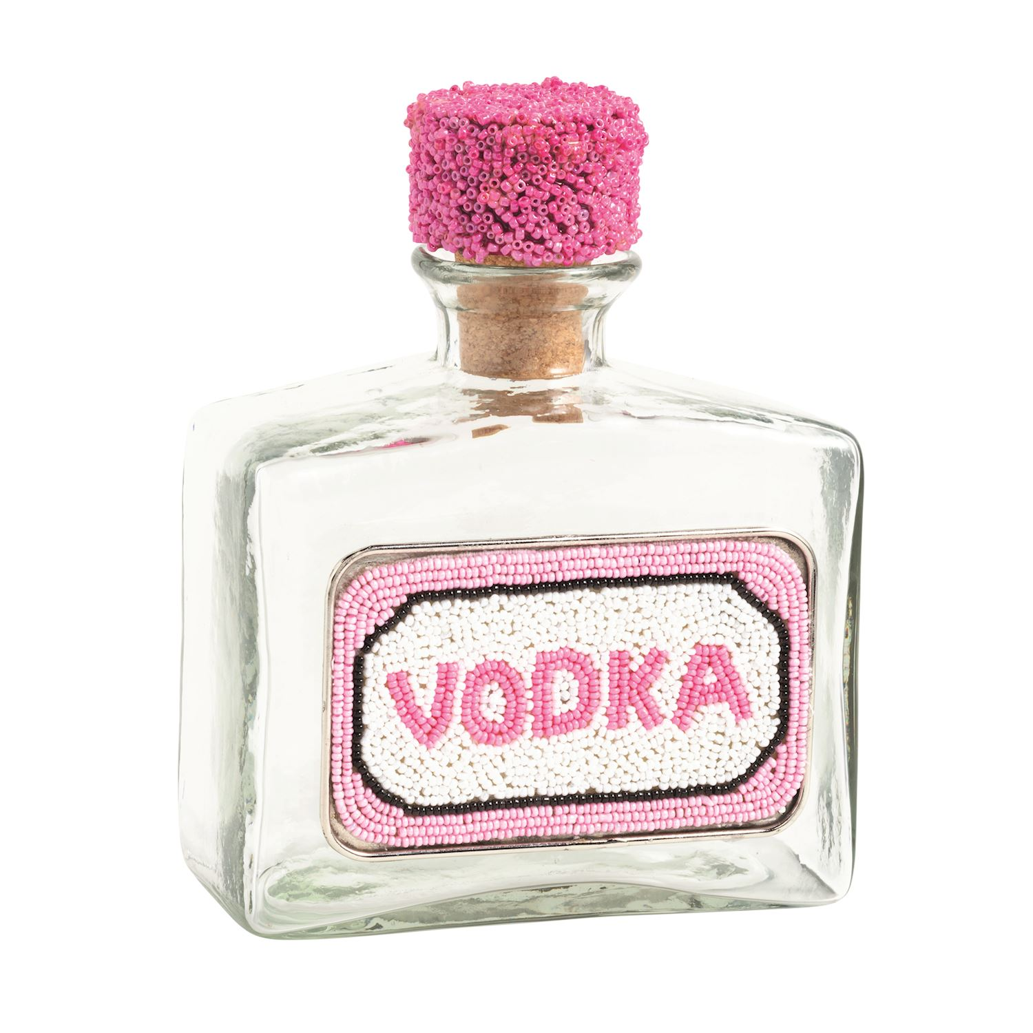 Glass beaded decanter with pink and white beaded VODKA label and matching pink beaded cork stopper.