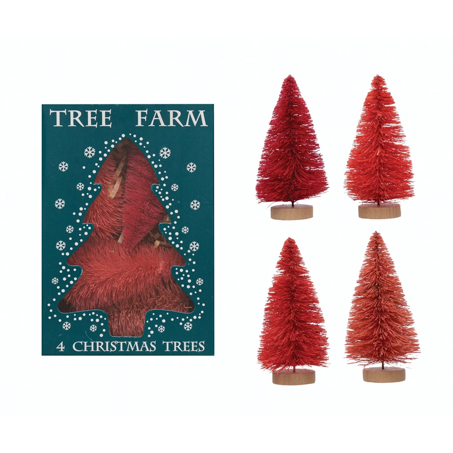 Set of four red sisal bottle brush trees with wood bases and a teal Tree Farm gift box.