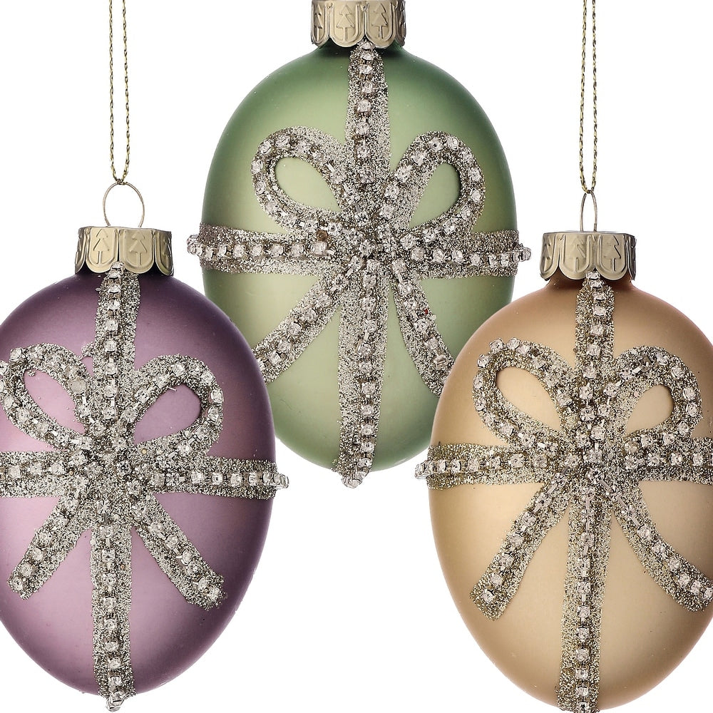 3.5-inch glass egg ornament with jewel bow accent