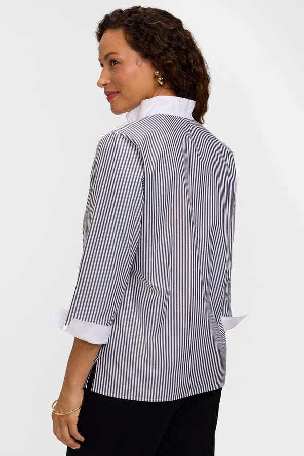 Tammy popover shirt in pinpoint stripe with three-quarter sleeves