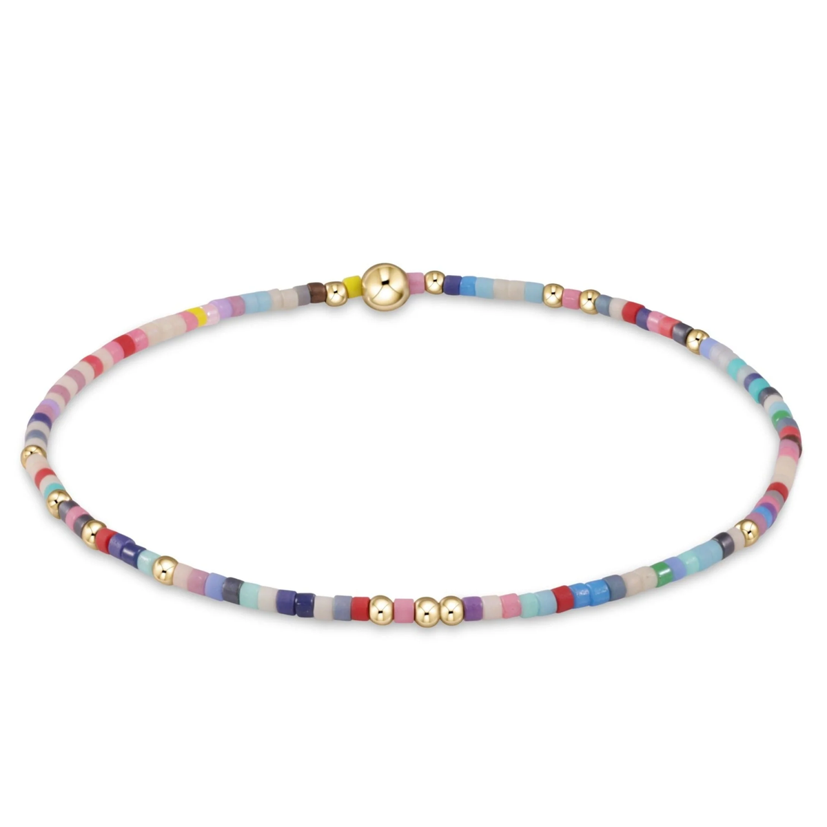 Egirl Hope Unwritten bracelet featuring gold-filled beads with multicolor seed bead accents on stretch elastic.
