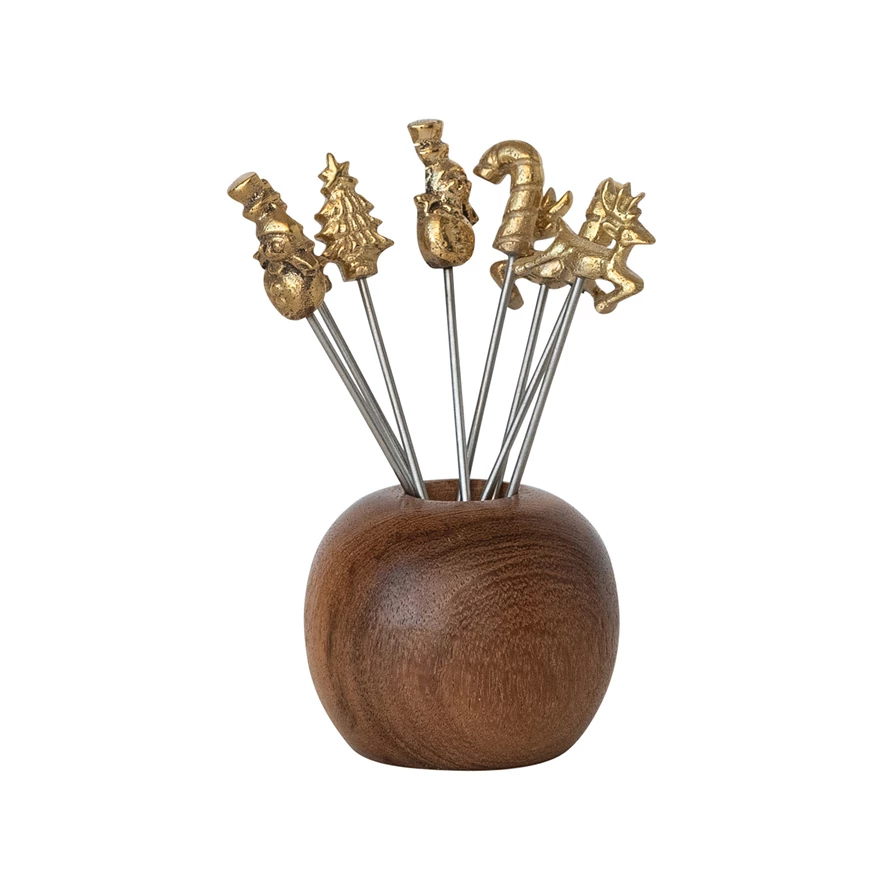 Mango wood appetizer holder with picks in natural finish