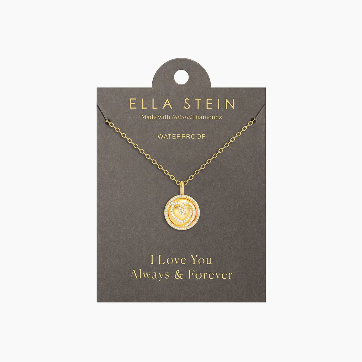 Gold Circle of Love Pendant Necklace with diamond heart on a grey display card.