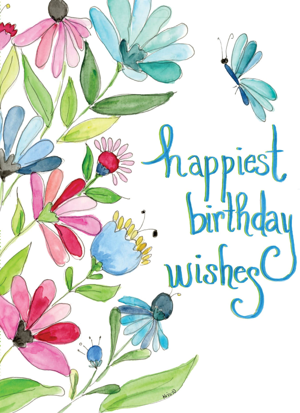 Watercolor birthday card with colorful flowers, a butterfly, and "happiest birthday wishes" text.