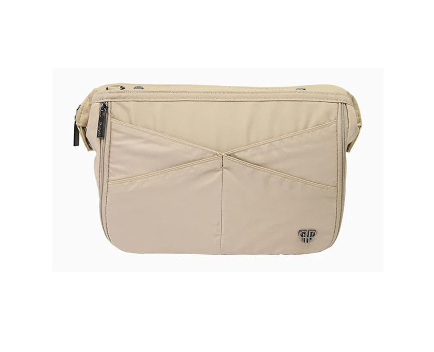 Beige Littbag handbag organizer with multiple exterior pockets and zippered closure.