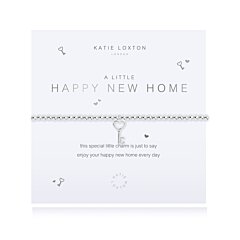 Katie Loxton A Little Happy New Home silver beaded bracelet with a heart-shaped key charm on a card.