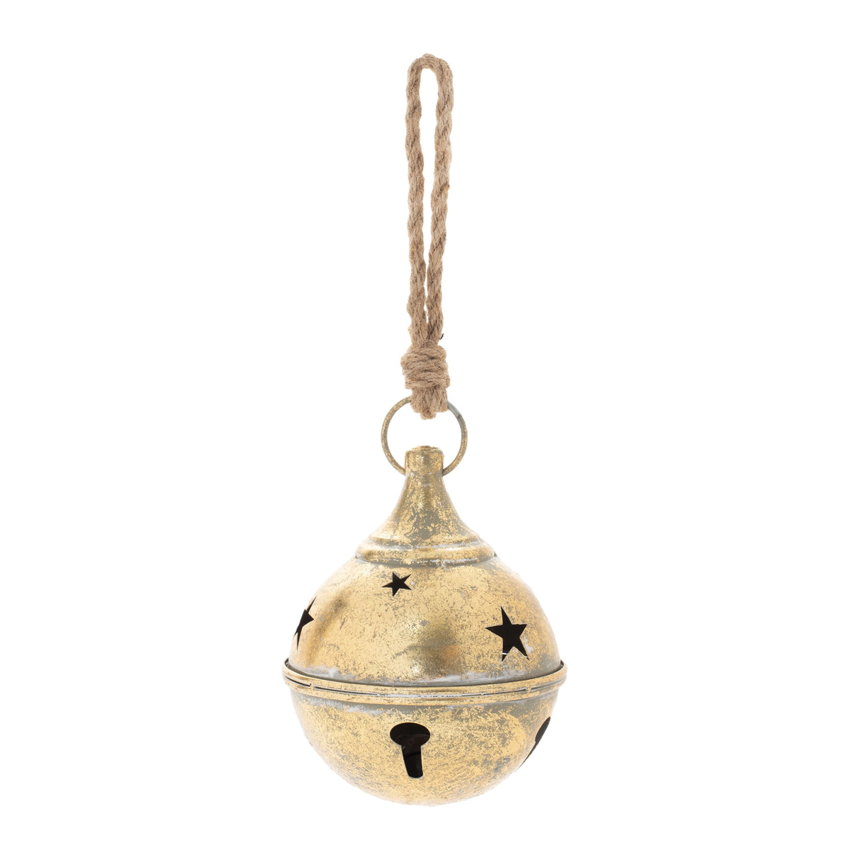 7.75-inch gold metal jingle bell ornament with star cutouts and a natural rope hanging loop.
