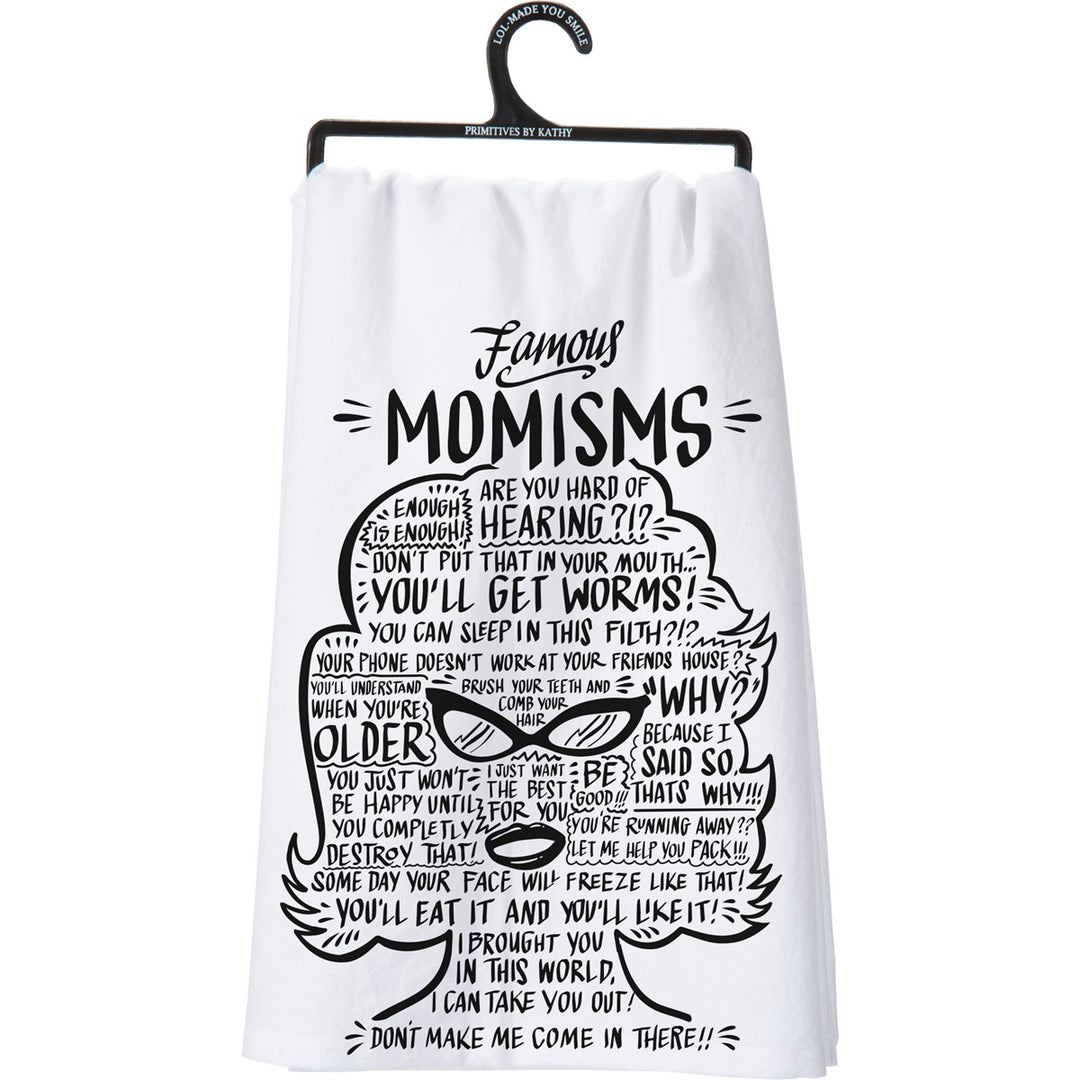 White cotton kitchen towel with black text and graphics of a woman's face, featuring 'Famous Momisms'.