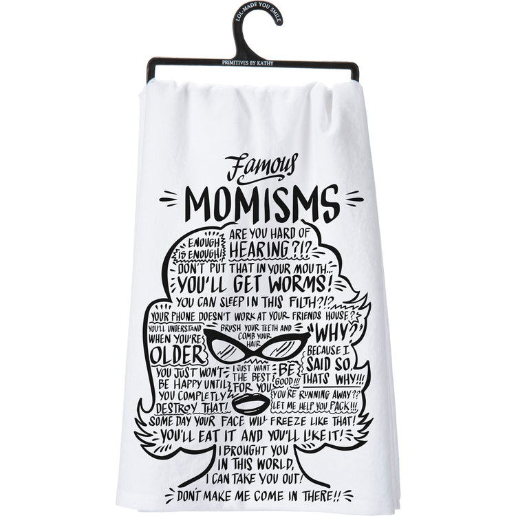 White cotton kitchen towel with black text and graphics of a woman's face, featuring 'Famous Momisms'.