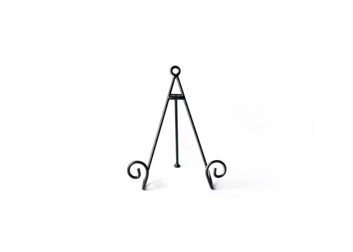 Black Swirl Mini Plate Stand with a tripod design and decorative scroll feet.