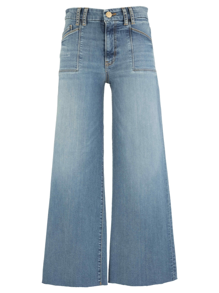 Light wash high-rise wide-leg jeans with front patch pockets and raw hems.