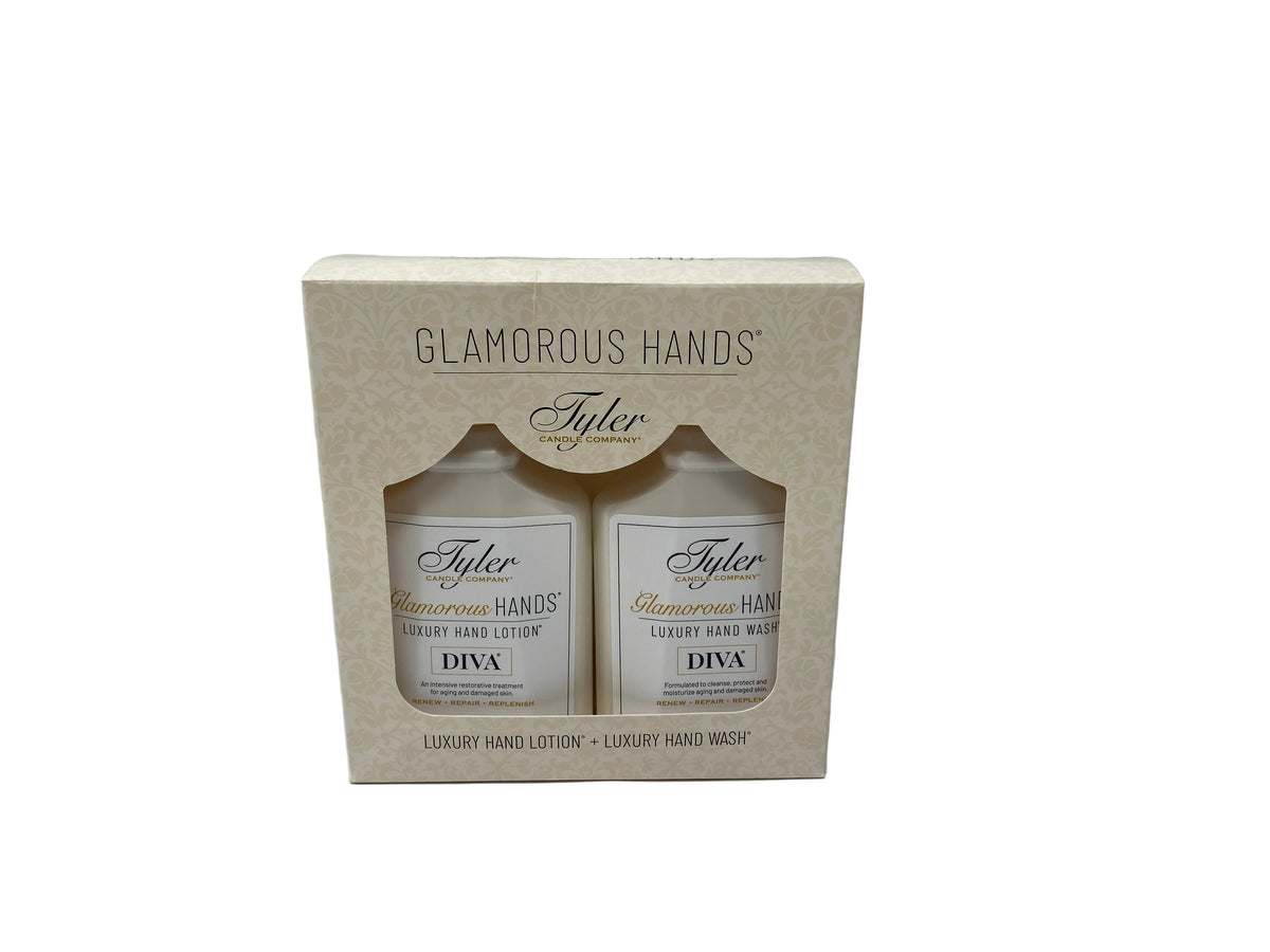 Tyler Candle Company Glamorous Hands Diva gift set with hand lotion and hand wash in a cream box.