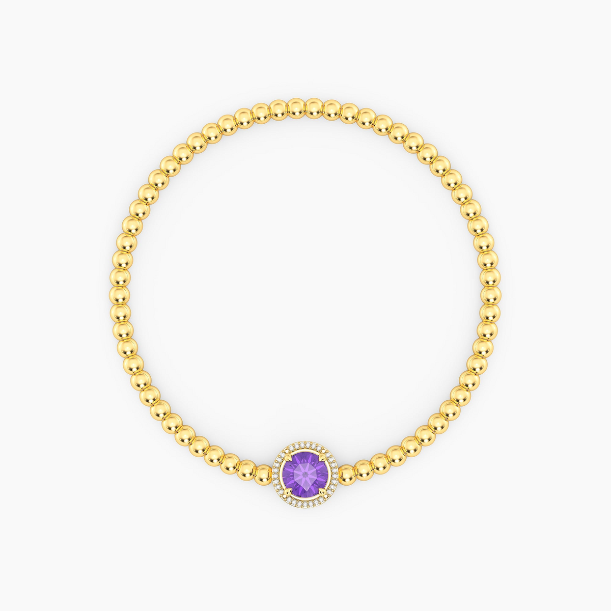 Gold-plated beaded bracelet with a round purple tanzanite center stone and diamond halo.
