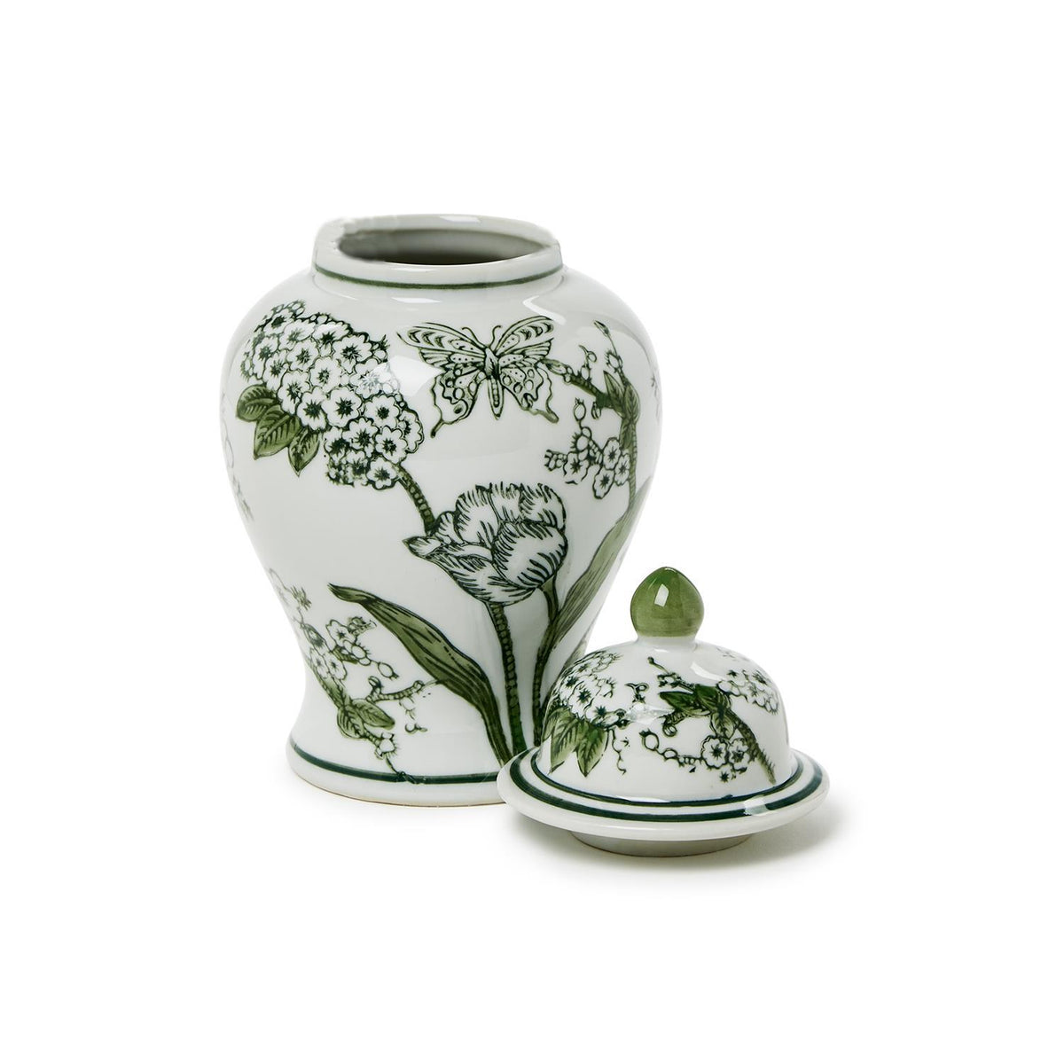 8-inch white porcelain chinoiserie jar with green hand-painted floral and butterfly motifs.