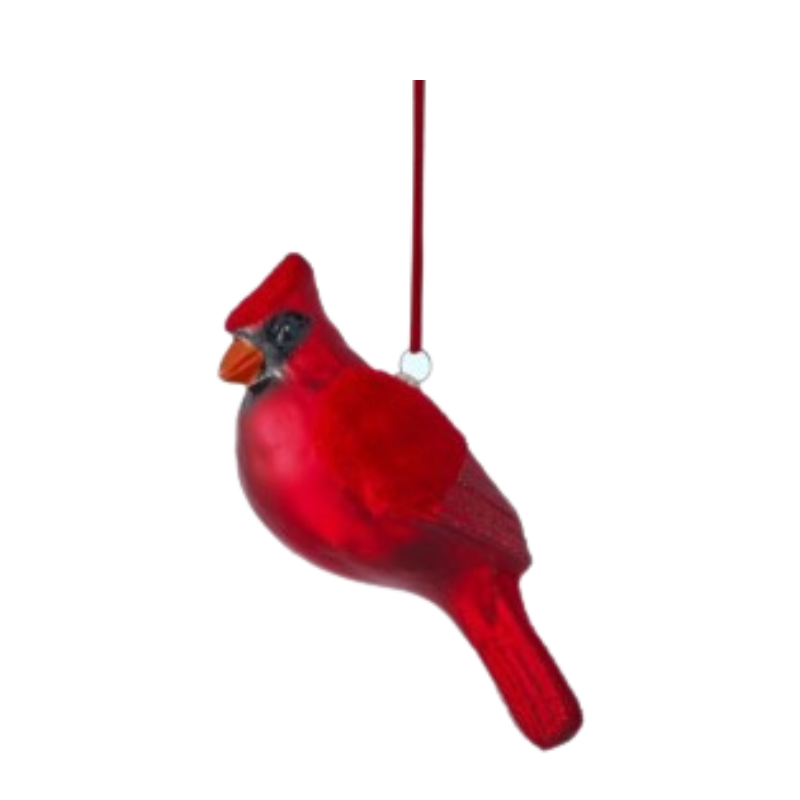 7-inch red glass cardinal ornament with a soft flocked wing and hanging ribbon.