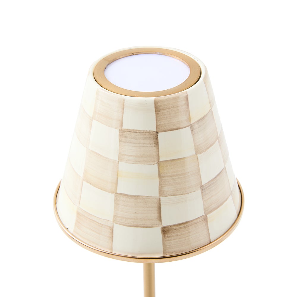 Top view of a Mocha Check LED Rechargeable Cafe Table Lamp with hand-painted checkered enamel shade.