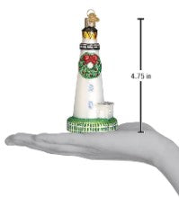 Ocracoke Lighthouse glass ornament with a Christmas wreath, measuring 4.75 inches tall.