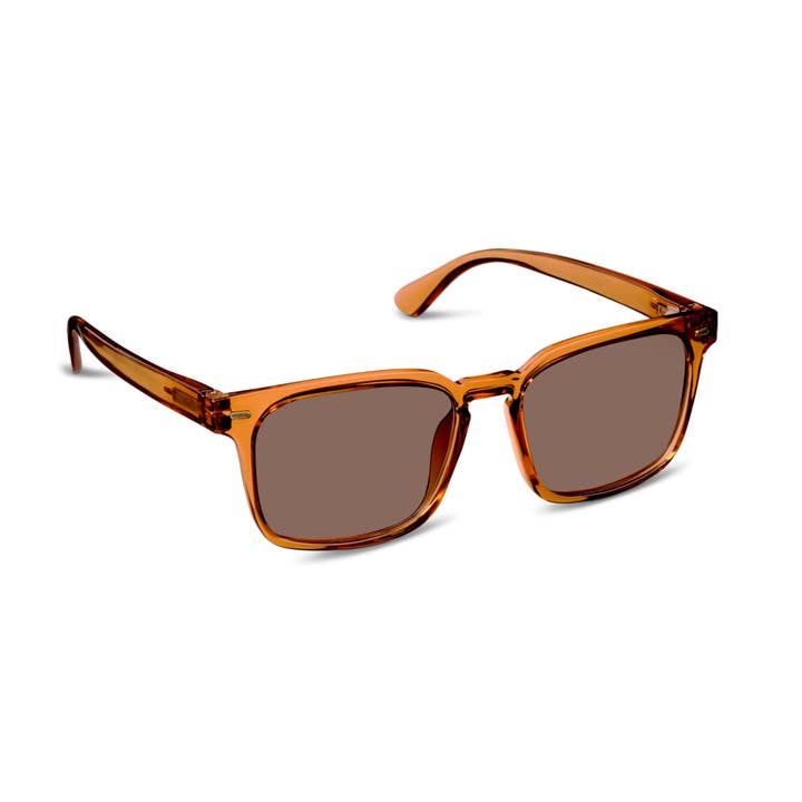 Shasta Reading Sun glasses with amber-colored square frames and brown tinted lenses.