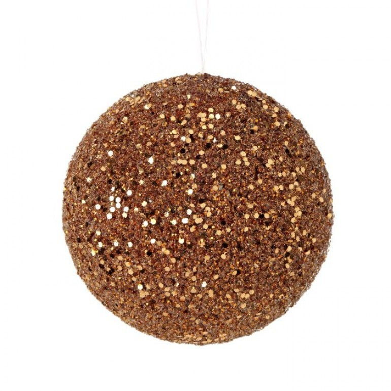 5.5-inch metallic beaded ball ornament in a sparkling bronze or copper finish.
