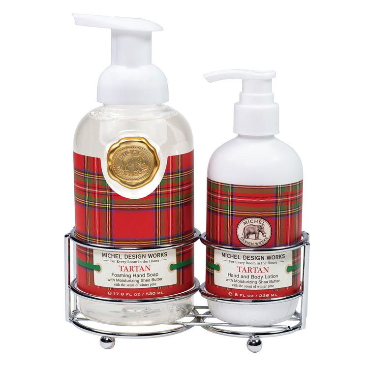 Foaming hand soap dispenser with pump next to a matching lotion bottle in neutral tones.
