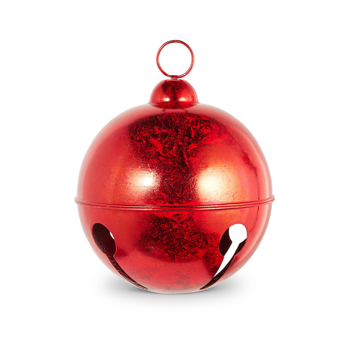 Red metal bell with a classic circular shape designed for indoor or outdoor use.
