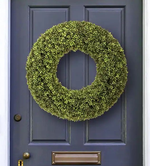 Spring UV-treated boxwood wreath with lush green foliage on a wired twig base