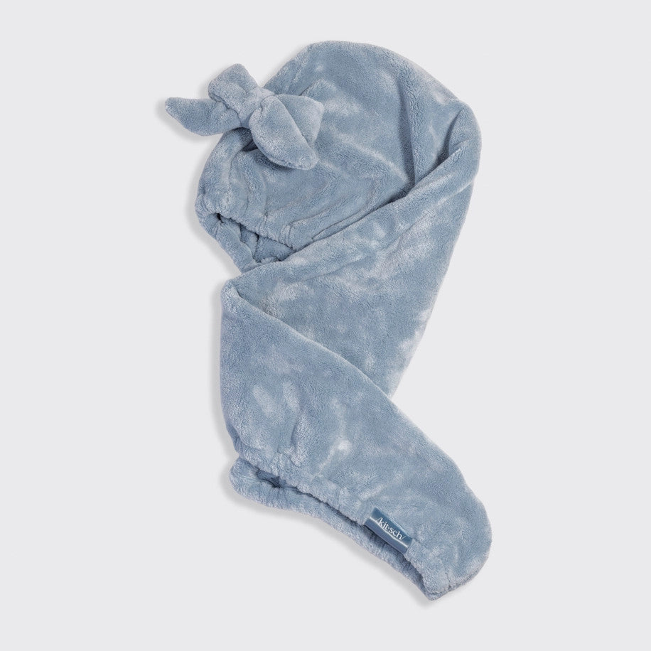 Coastal Blue plush microfiber hair towel turban with a decorative bow and Kitsch brand tag.