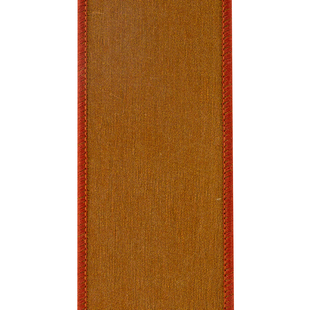 Close-up of 2.5 inch brown corduroy ribbon with a red wired edge and mesh backing.