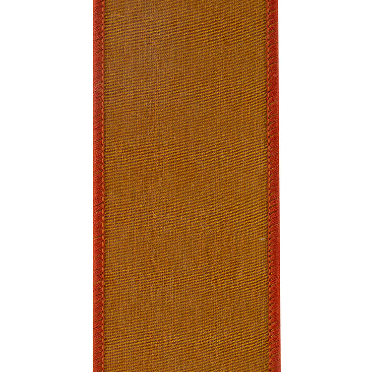Close-up of 2.5 inch brown corduroy ribbon with a red wired edge and mesh backing.