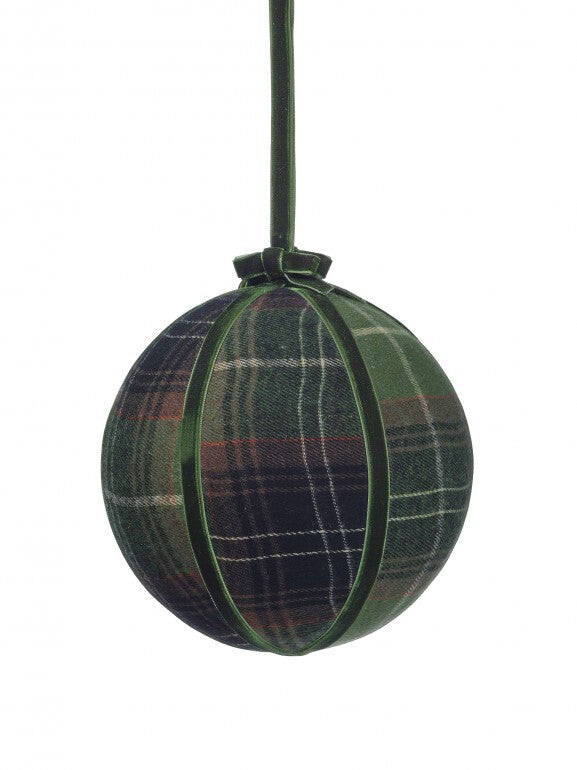 6-inch round Christmas ornament featuring a green and red plaid fabric with velvet ribbon trim.