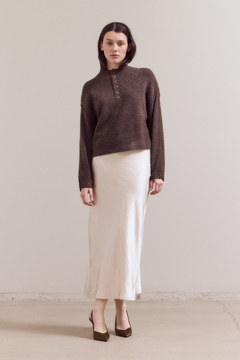Natasha half button down sweater in dark heather gray with a relaxed silhouette.