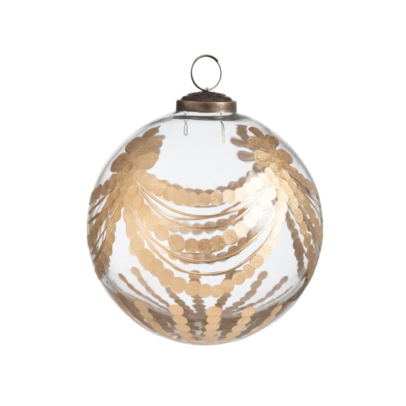 Clear glass 5-inch ball ornament with etched and gilded golden garland design and metal loop top.