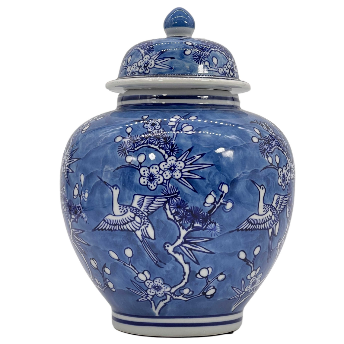 10-inch blue and white ceramic ginger jar with floral and crane chinoiserie patterns.