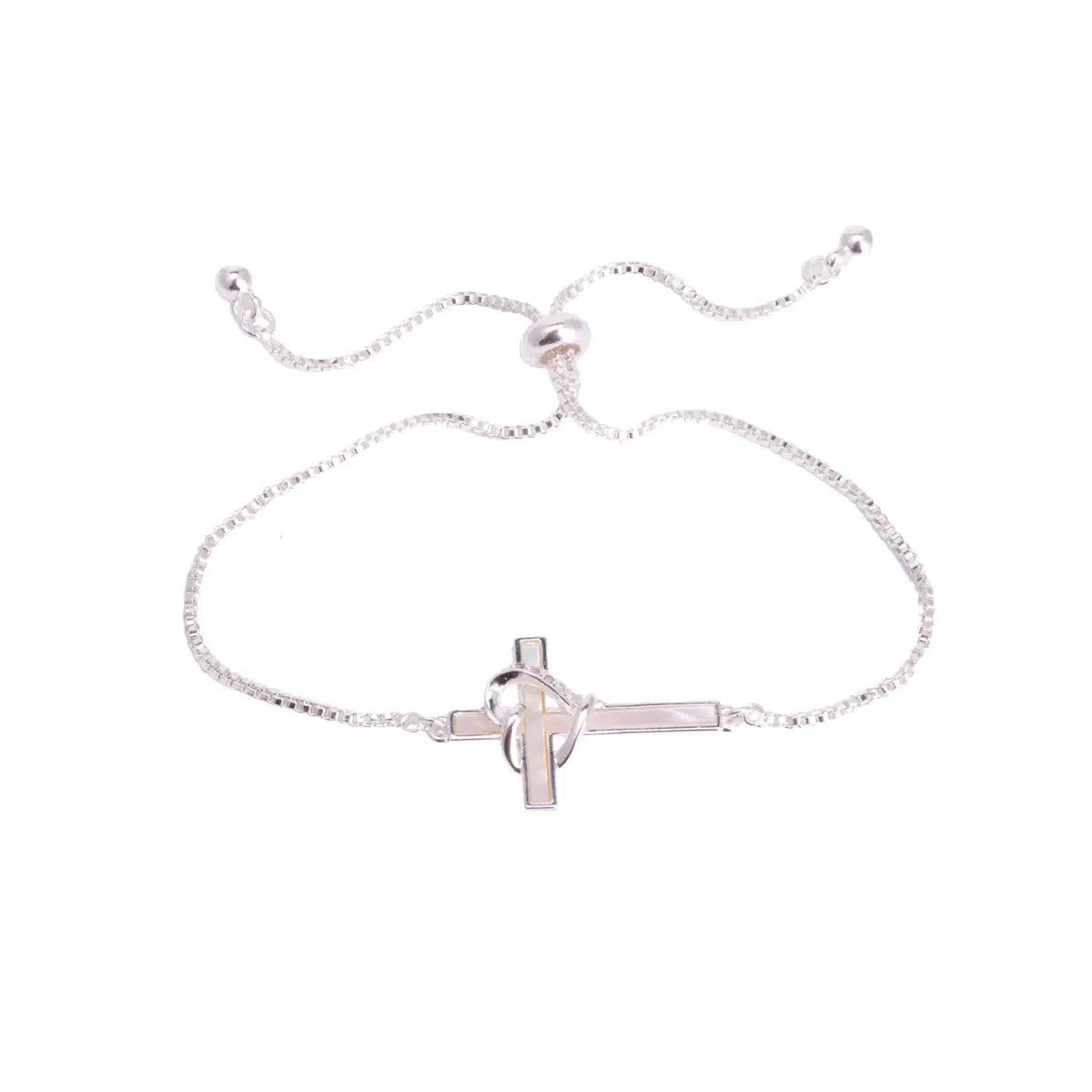 Silver cross bracelet with Mother of Pearl inlay and a CZ heart accent on a box chain.