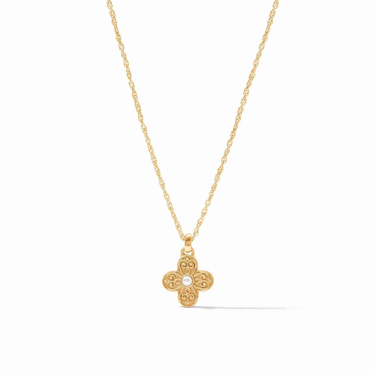 Malta Corinth Delicate Necklace with a gold filigree cross pendant and center shell pearl.