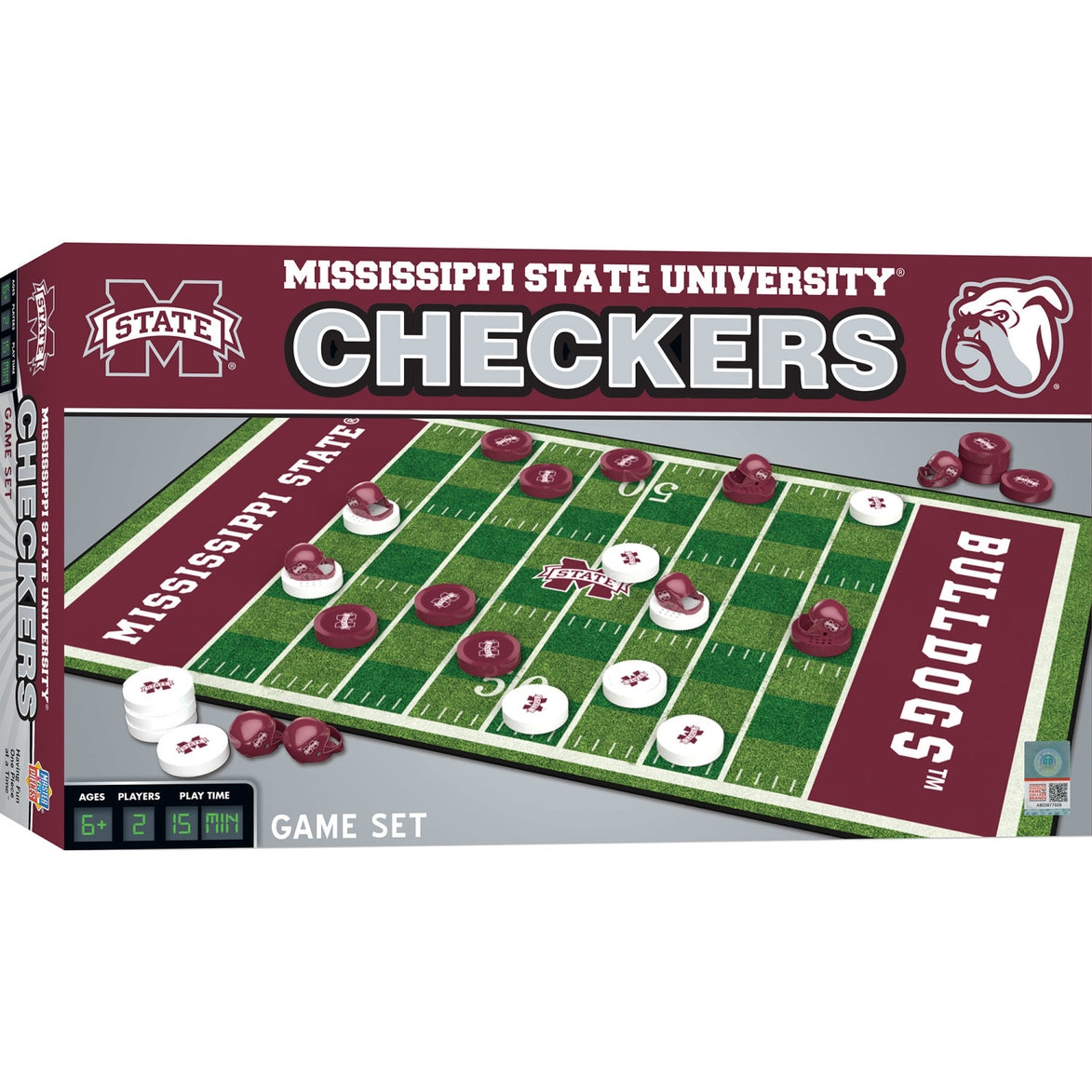 Mississippi State Bulldogs checkers board game with team logo pieces on a wooden-style playing surface.