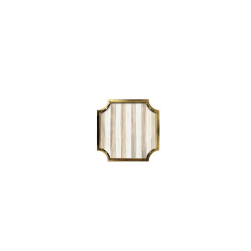 Square stackable trinket tray with beige and white stripes and gold leaf gallery edges.