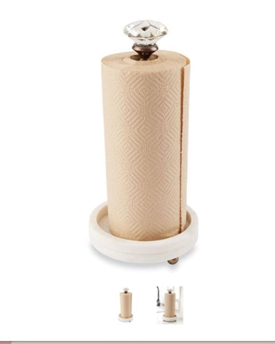 Round marble paper towel holder with a doorknob-style handle.