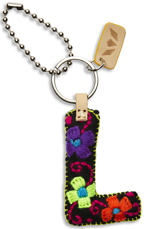 Felt letter charm in bright colors with attached keyring chain