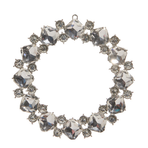 Grey crystal wreath ornament with silver metal accents measuring five inches in diameter.